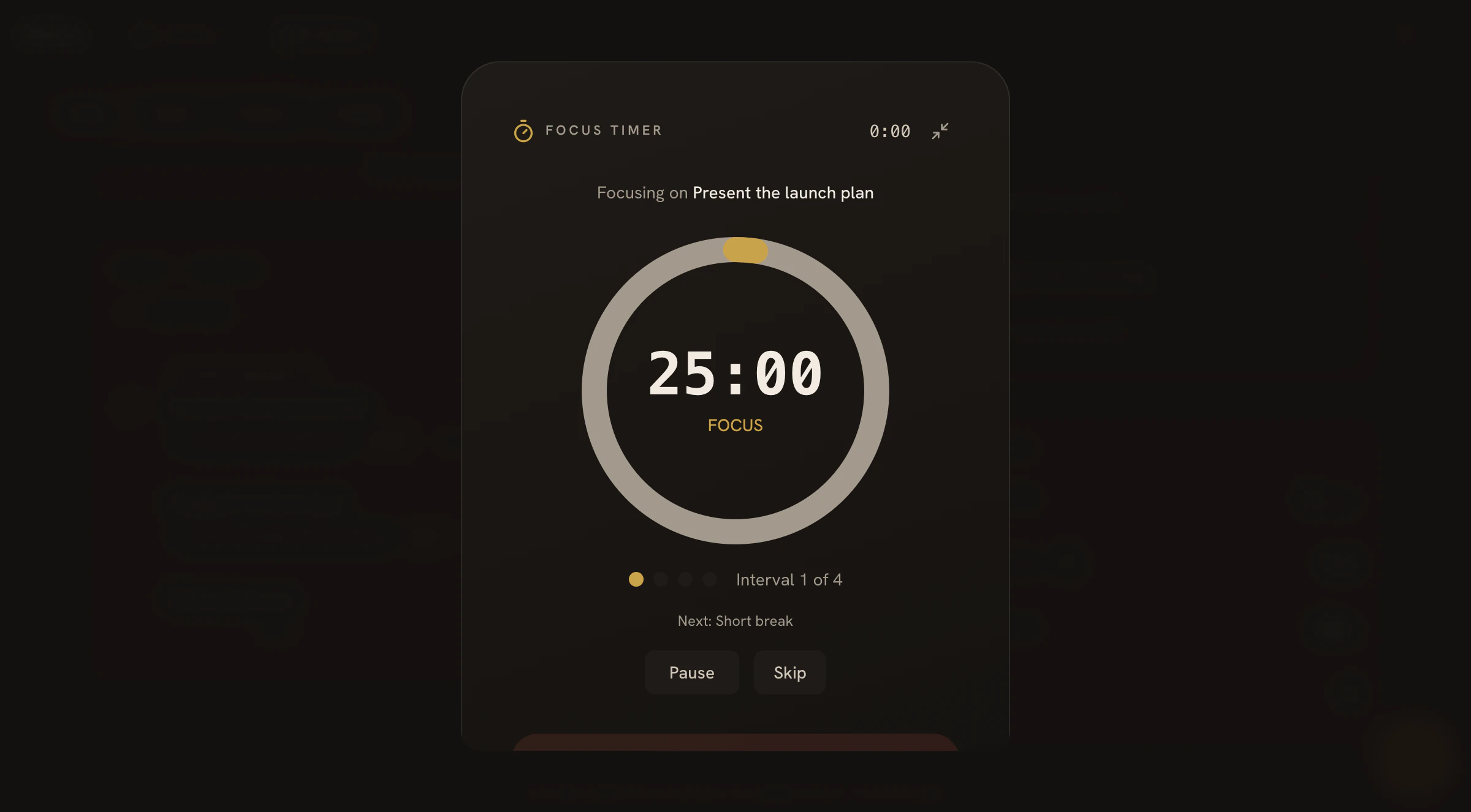 The Flocus focus timer running a 25-minute pomodoro against the most-important task