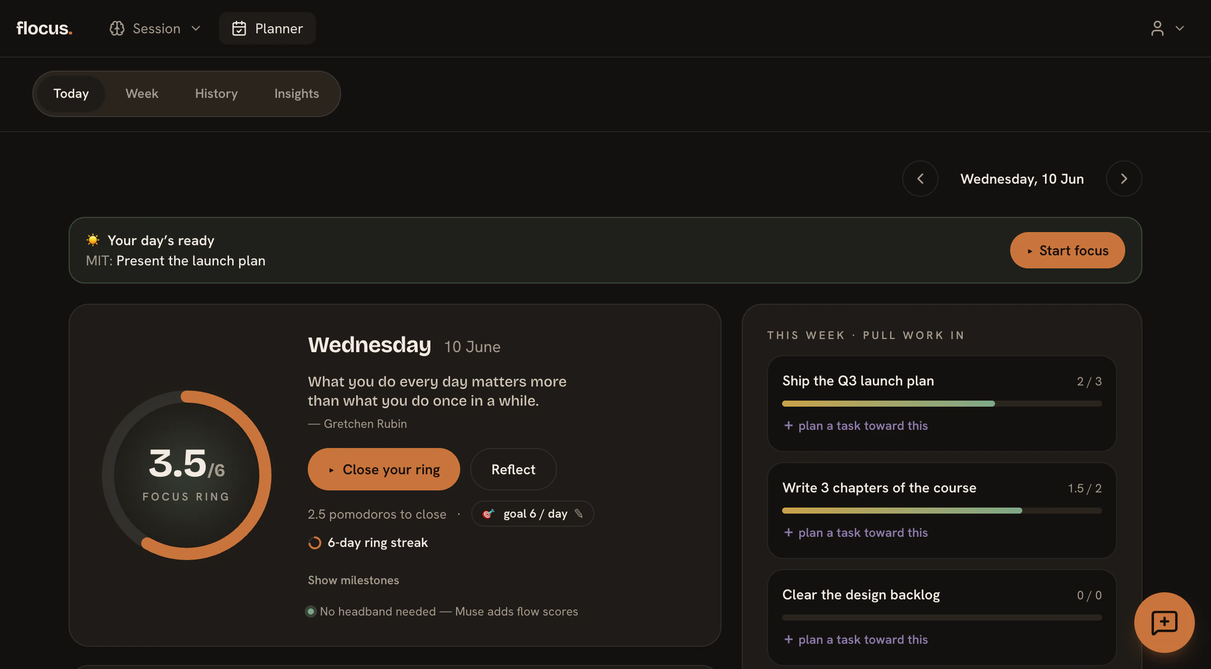 Flocus today view: the day’s most-important task, a short task list with pomodoro estimates, the focus timer, and the daily Focus Ring